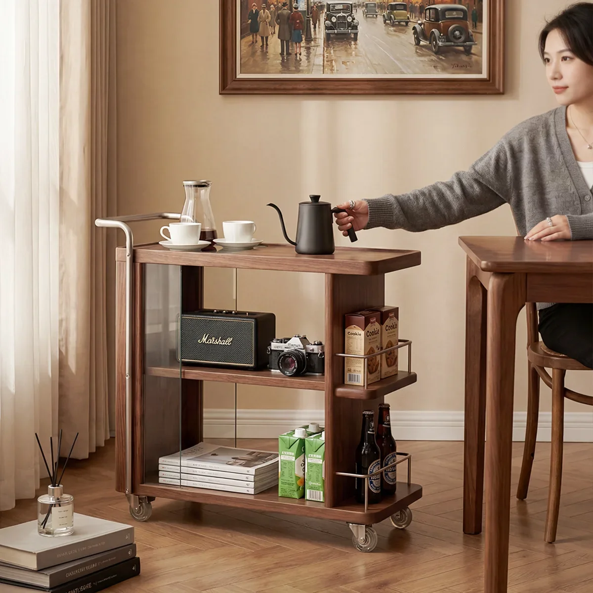 Solid wood can be lifted and lowered folding corner rotating small coffee table sofa side table cabinet