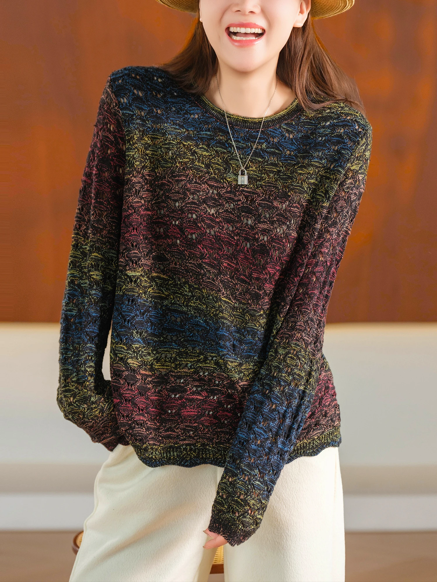 Rainbow Knitted Sweater Elegant Style Gradient Color Design Lace Collar Cuff Knitted Heavy Gauge Wave Hook Flower Pattern Swe...