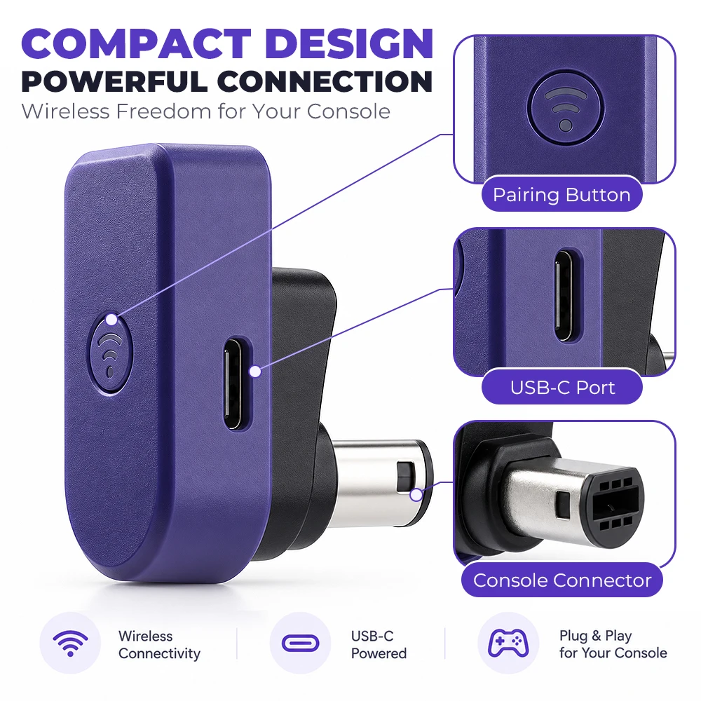 LinkRetro GC Blueretro USB-C Wireless Controller Receiver for NGC Wii (RVL-001) Console for PS5 DualSense Joy-Con Controllers