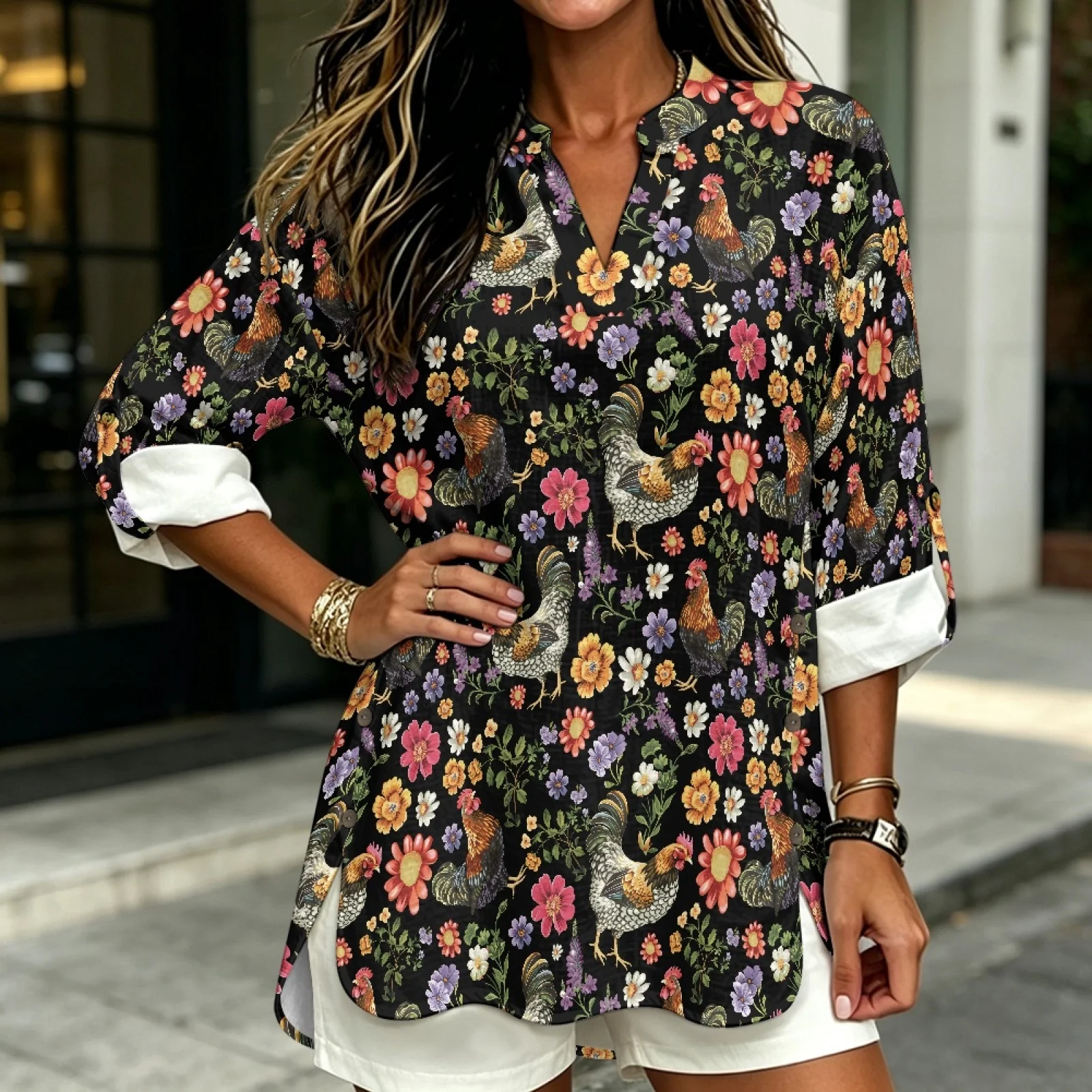 PENSTROLL Rooster & Floral Soft Long Sleeve Blouse for Womens Linen Like Casual Loose Fit Blouses Dressy Casual Blouses