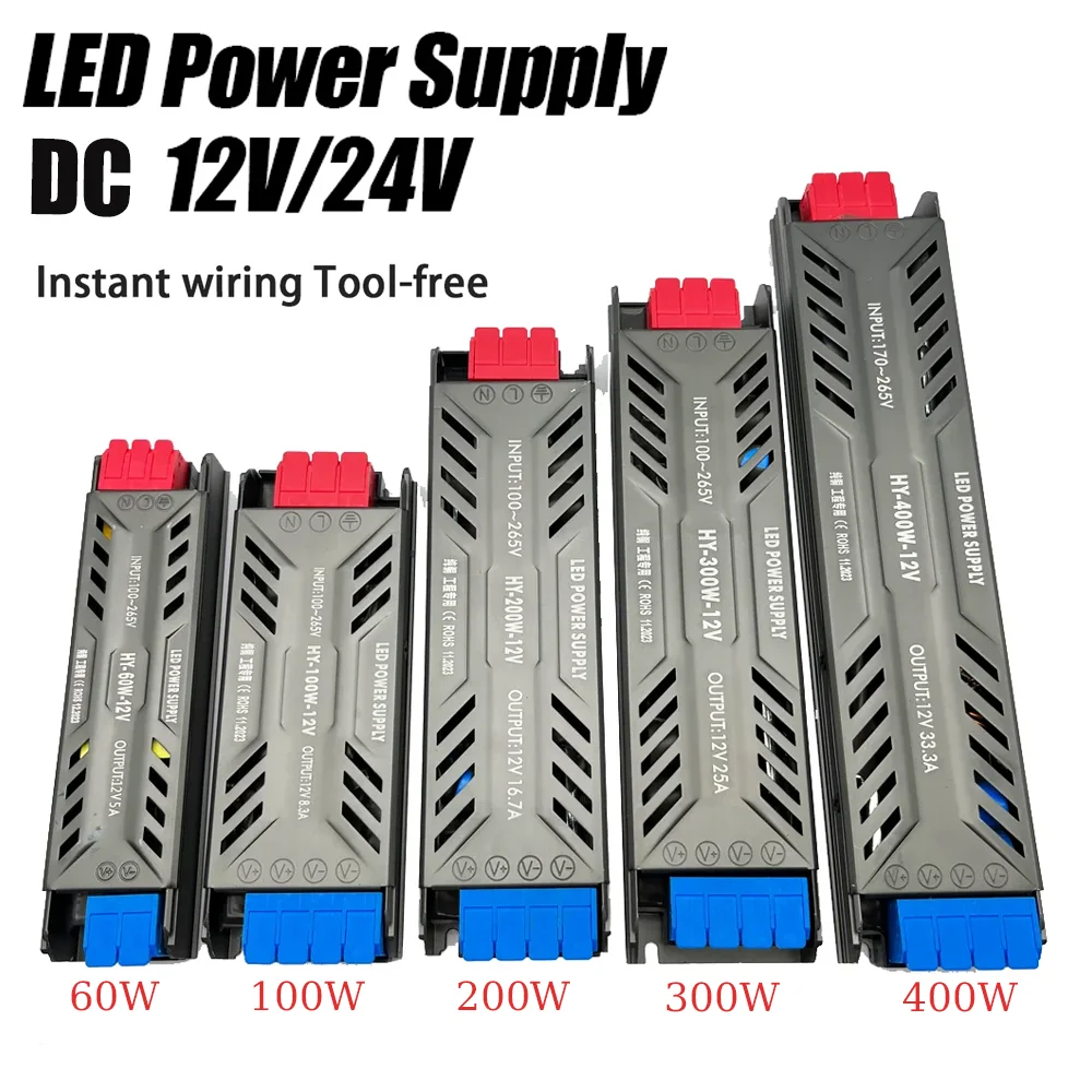 DC12V 24V LED Power Supply 60W 100W 200W 300W 400W Ultra Thin AC 100-265V Transformer LED Driver for COB 5050 LED Strip Lighting