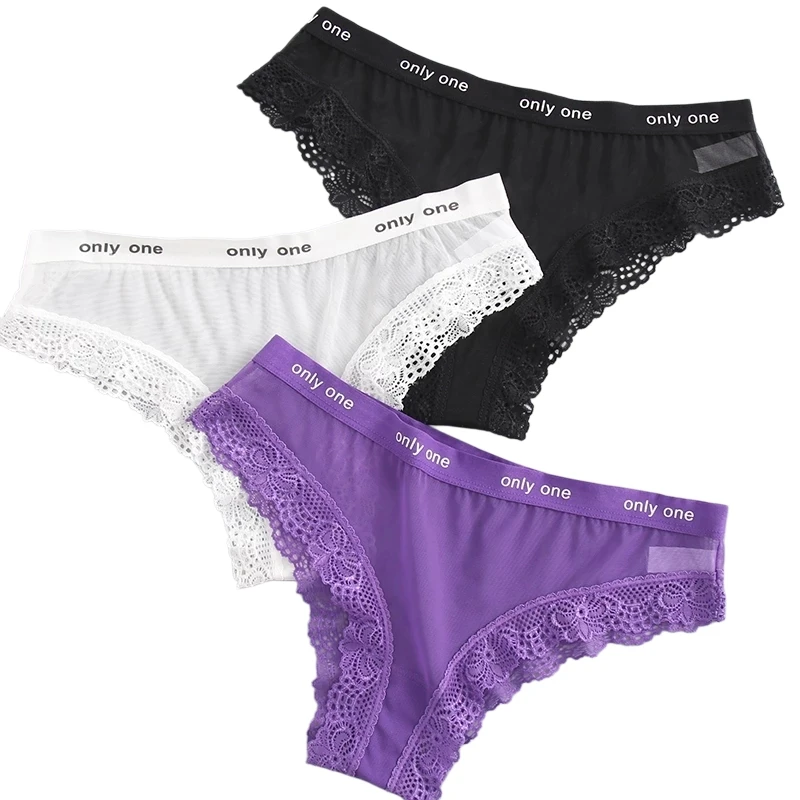 Women's Transparent Mesh Thong Low Waisted T-Pants Solid Color G-String Comfortable Lace Edge T-Back Tanga Underwear