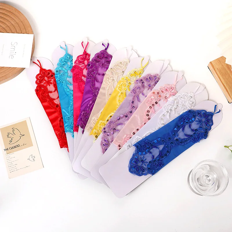 1pc Bridal Sequin Lace Gloves Accessories Embroidered Fingerless Long Multicolor Fashion Women Satin Wedding Female Party Gloves