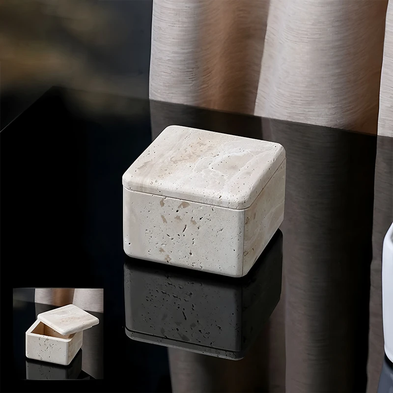 حاويات تخزين من الرخام الطبيعي، حامل أعواد قطنية، صندوق صينية من الحجر الجيري لـ Qtips، والمكياج، والحمام، والمنزل