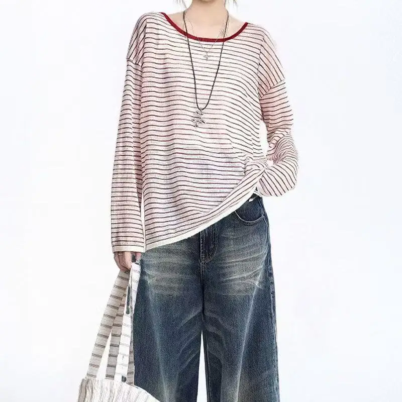 빈티지 스트라이프 여성 티셔츠 오버 사이즈 캐주얼 기본 티셔츠 레트로 긴 소매 탑 캐주얼 티셔츠 여성 Autunm 2025 New Fashion