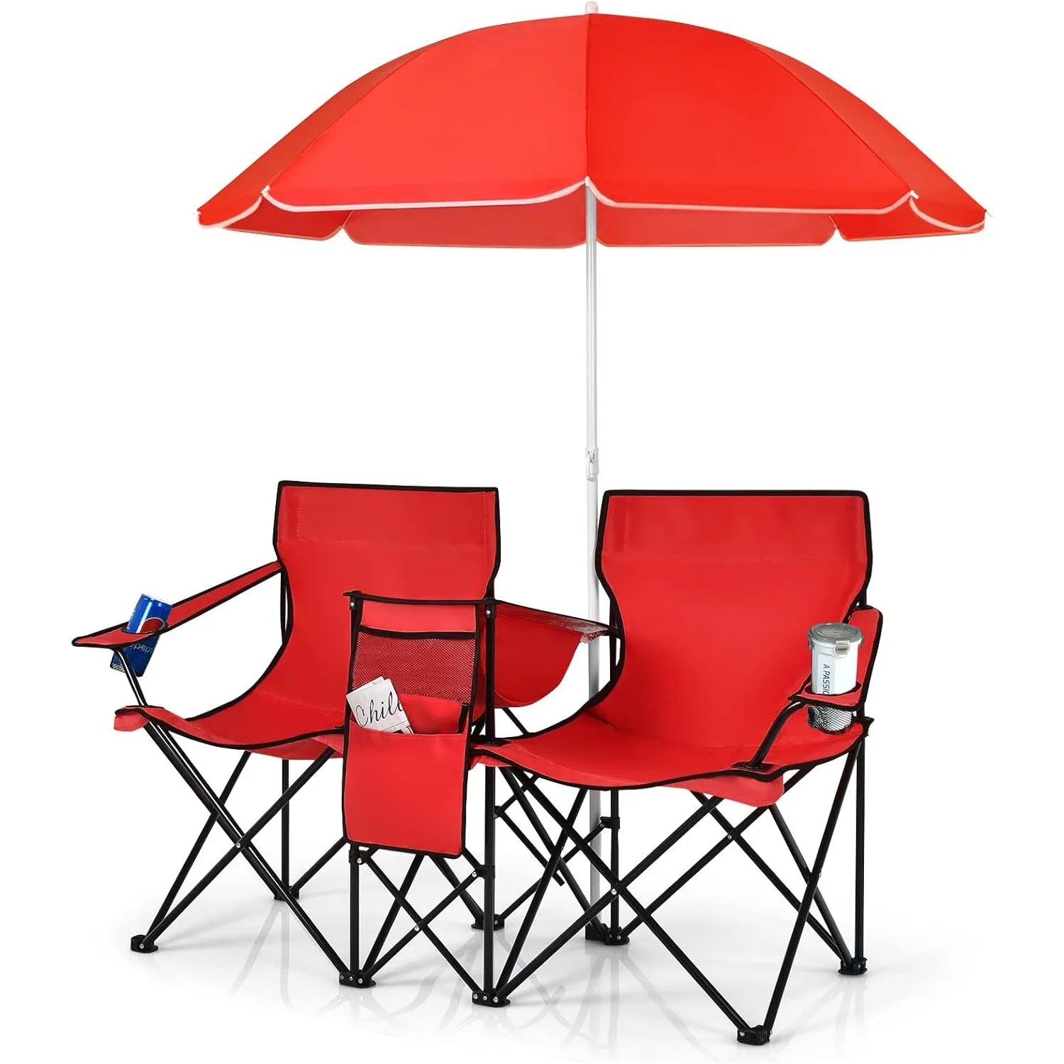 

Double Portable Picnic Folding w/Detachable Umbrella, Cooler Bag, Cup Holders, Patio Beach Chairs for Outdoors Camping Furniture