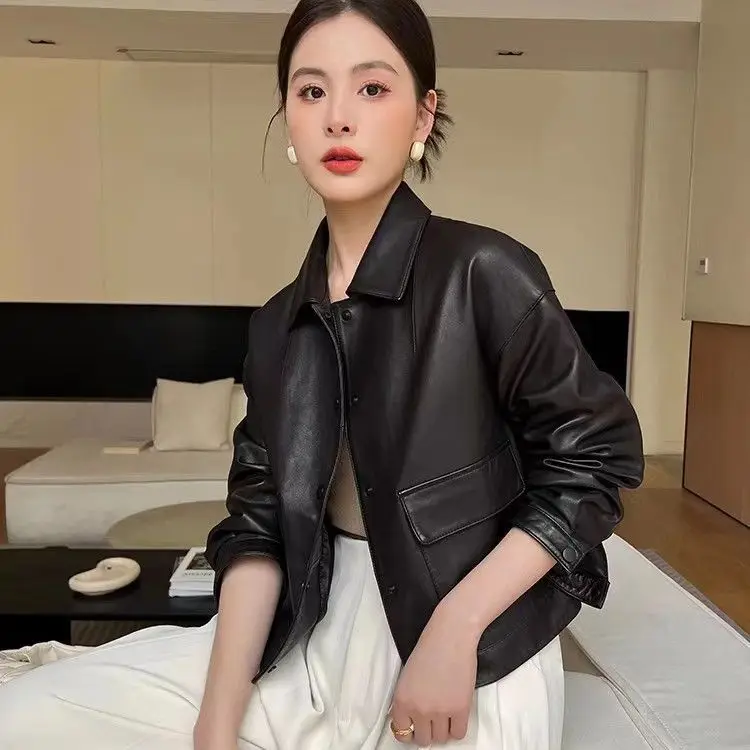 

Genuine Leather Vegetable Tanned Sheep Skin Women's Short Straight Tube Casual Women's Leather Jacket