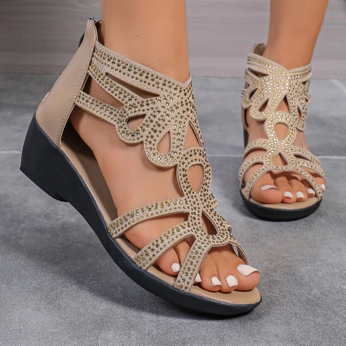 Women Sandals Wedges 2026 New Summer Comfortable Hollow Roman Sandals Elegant Low Heel Shoes for Women Fashion Zapatos De Mujer