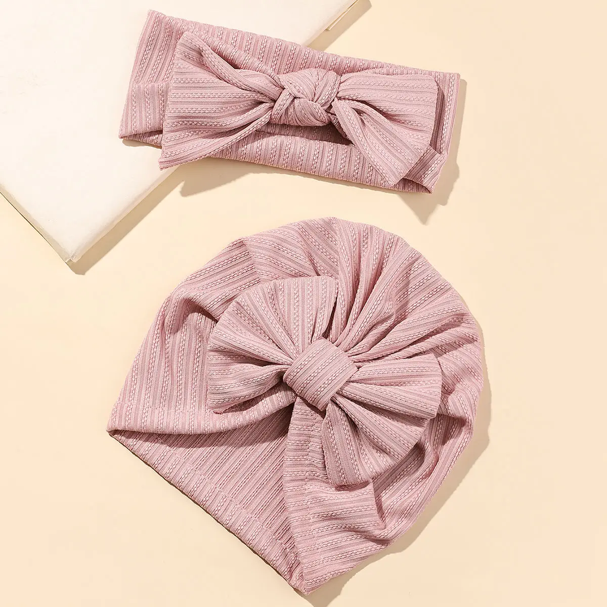 2Pcs/Set Baby Fabric Bow Headband and Hat Set Solid Color Baby Girl Turban Newborn Hair Accessories