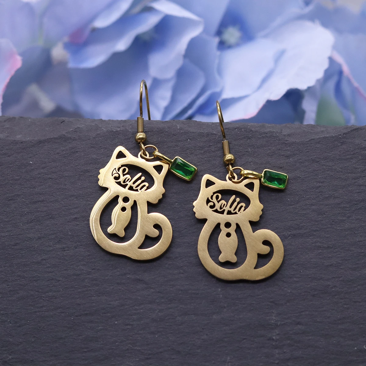 Todorova Personalized Cat & Fish Earrings, Custom Name Cute Kitten Drop Earrings, Adorable Animal Jewelry for Women