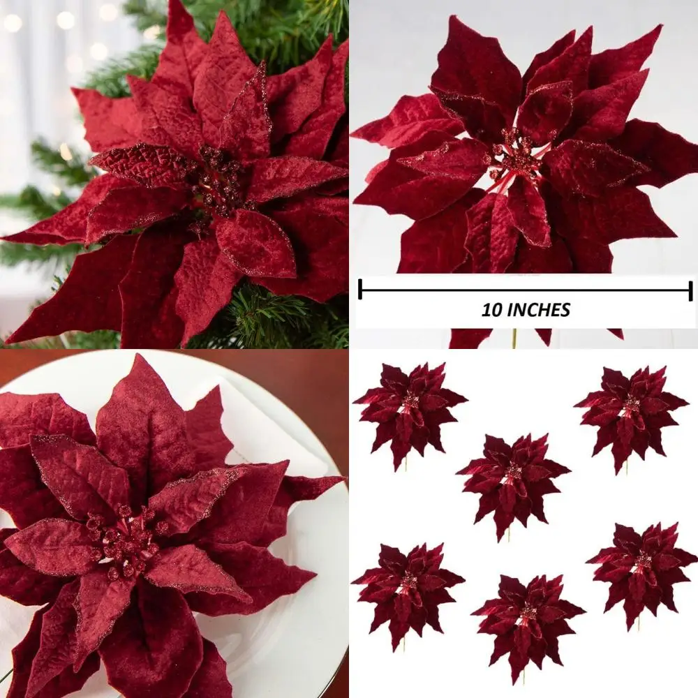 

Burgundy Velveteen Poinsettia Flower Set: 6-Piece Christmas Tree and Holiday Decoration