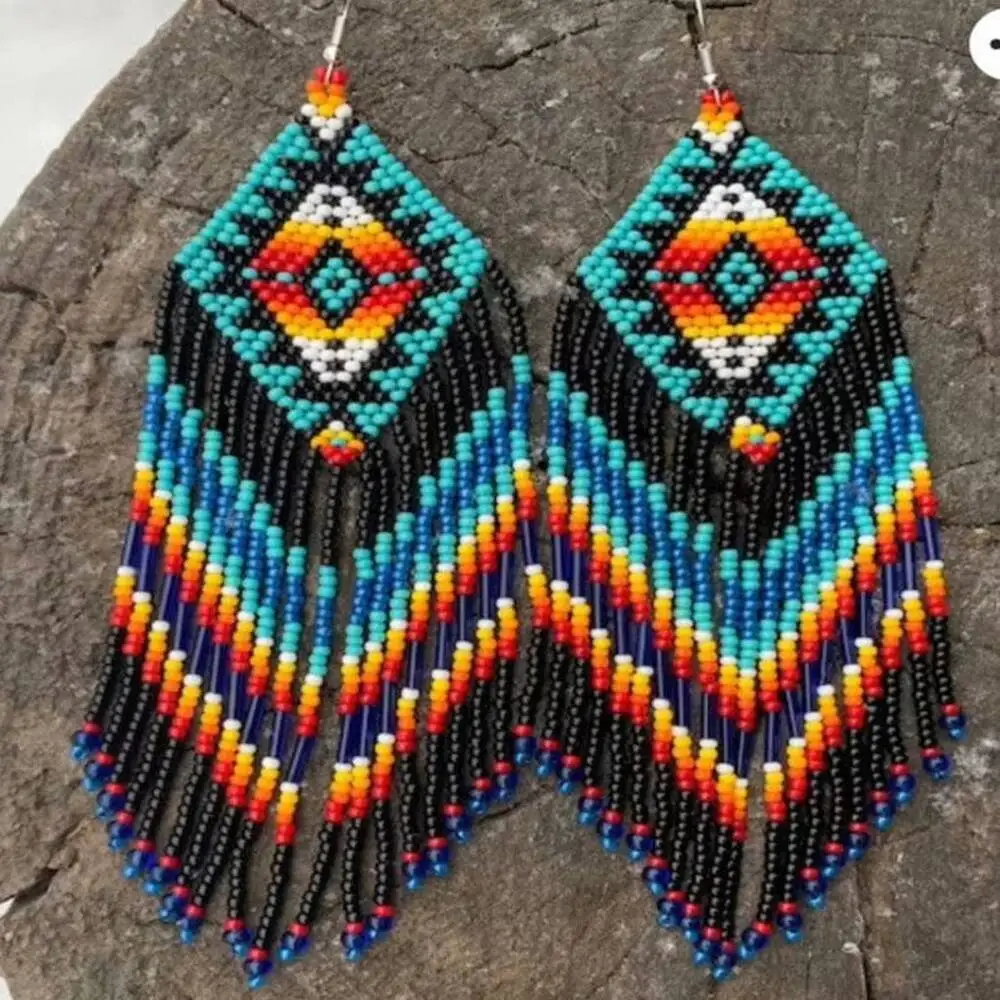 ZGMXR Rice bead earrings Tassel Rainbow Geometry Gradation color Hand weaving Alloy Fashion Bohemia Simple Beaded earrings