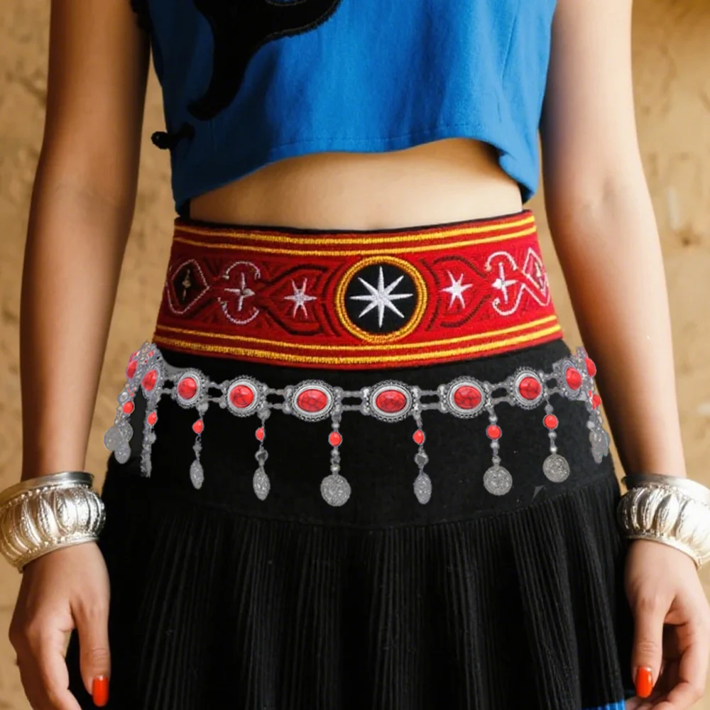 

Vintage Silvery Turquoise Coins Pendant Waist Chain For Women Metal Carved Geometry Tassel Indian Afghan Gypsy Belly Jewelry
