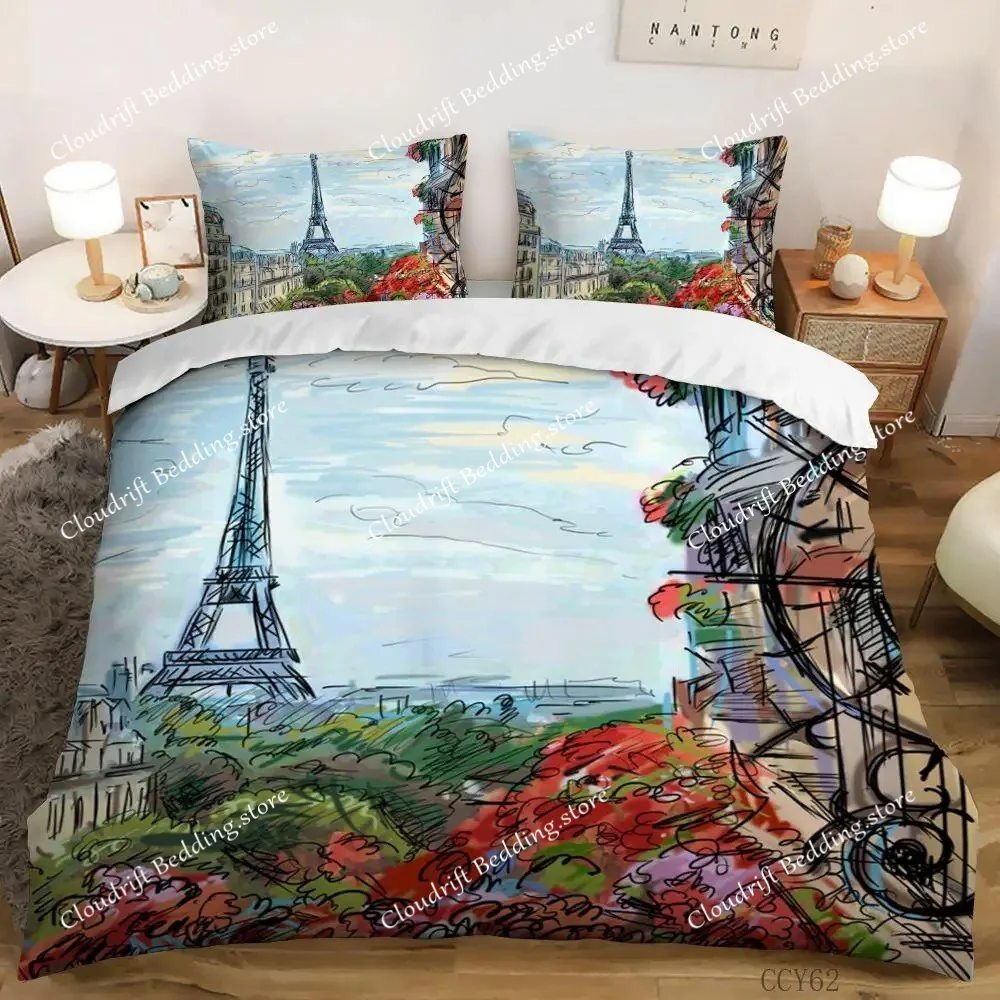 Eiffel Tower Bedding Set Queen Size Couple Valentine's Day Comforter Cover Set For Women Romantic Paris Duvet Cover Room Decor