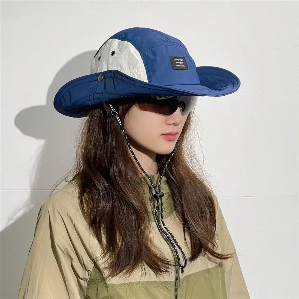 

Splicing Color Drawstring Fisherman Hat Quick-drying Cotton Wide Brim Sun Hat Sun Protection Anti-UV Hiking Hat Unisex