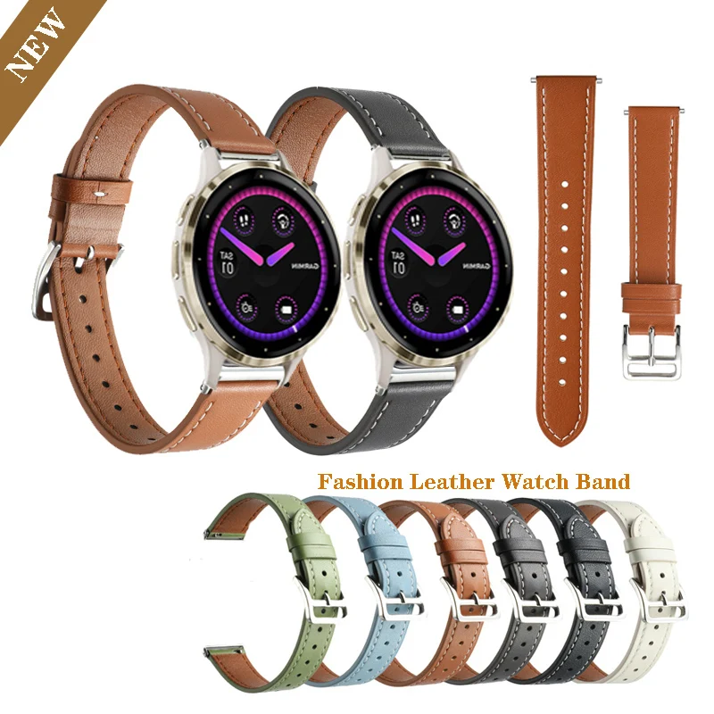 For Garmin Forerunner 255S 265S / Vivoactive 4s / Active S / Vivomove 3s / Venu 2s Strap Genuine Leather Band 18mm