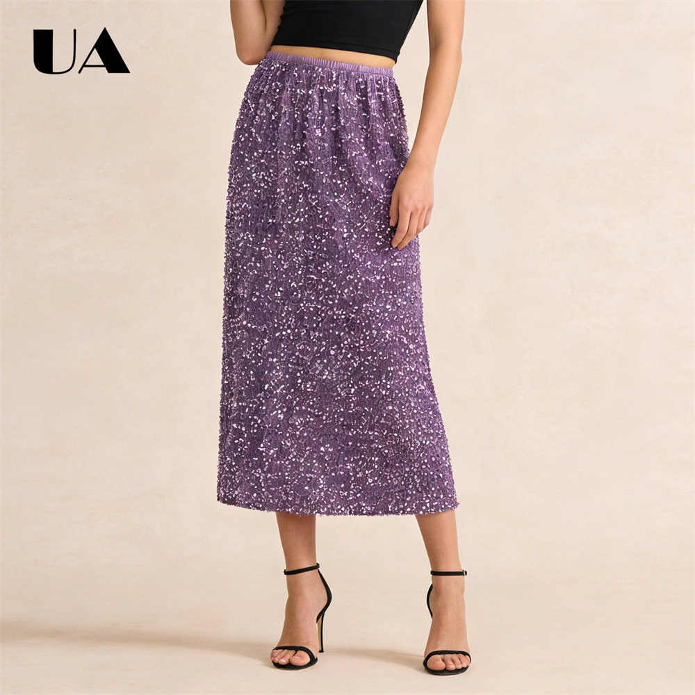 ULBYANRY New Women's Sequined Straight Skirt, Fashionable Tube Skirts, Elastic Waist Daily Wear Shiny Skirts