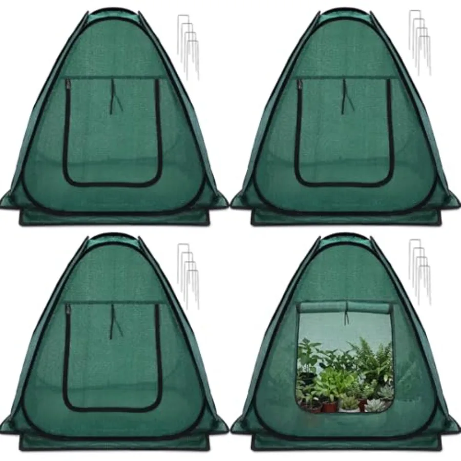 

4 шт. выдвижных тентов-укрытий для растений, 80% защита от УФ-излучения, затеняющая сетка с дверцей на молнии и колышками для защиты садовых культур