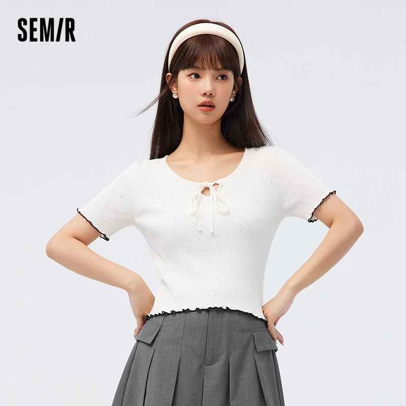 

Semir Women sweater Short Contrast Wood Ear Edges 2023 Summer New Cutout Tights