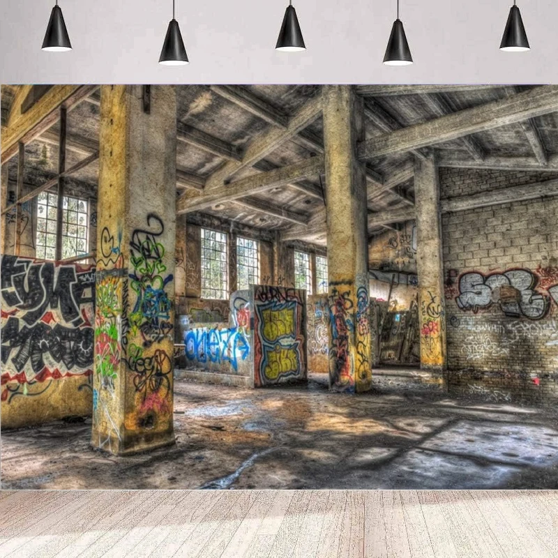 Abandoned Factory Photography Backdrop Grunge Graffiti Wall Vintage Oilpainting Ruin House Interior Room Structure Background