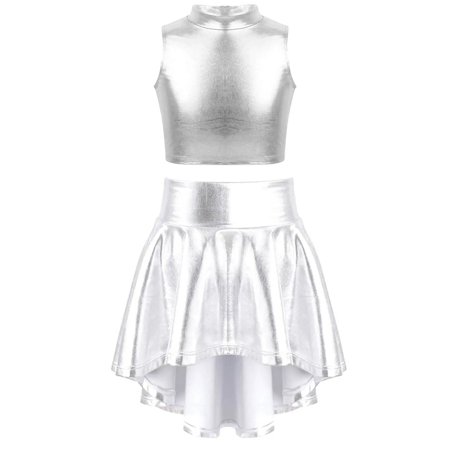 

Children Kids Girls Ballet Dancewear Shiny Metallic Jazz Dane Costume Performance Outfits Sleeveless Crop Top With Skirt Set