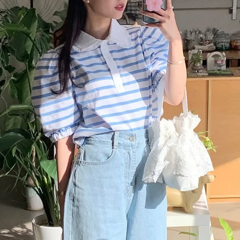 

Short Sleeve Striped T-Shirt Women Summer New Korean Style Age Reducing Elegant POLO Collar Design Loose Versatile Short Sleeve