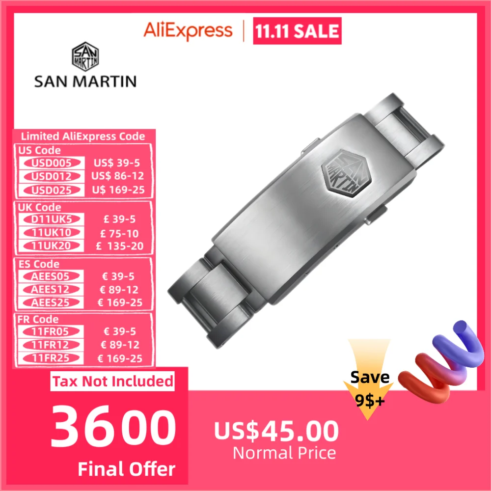 San Martin New 316L Satinless Steel Fly Adjustable Watch Clasp For 16mm Bracelet Folding Stretch Durable Easy To Install 걸쇠