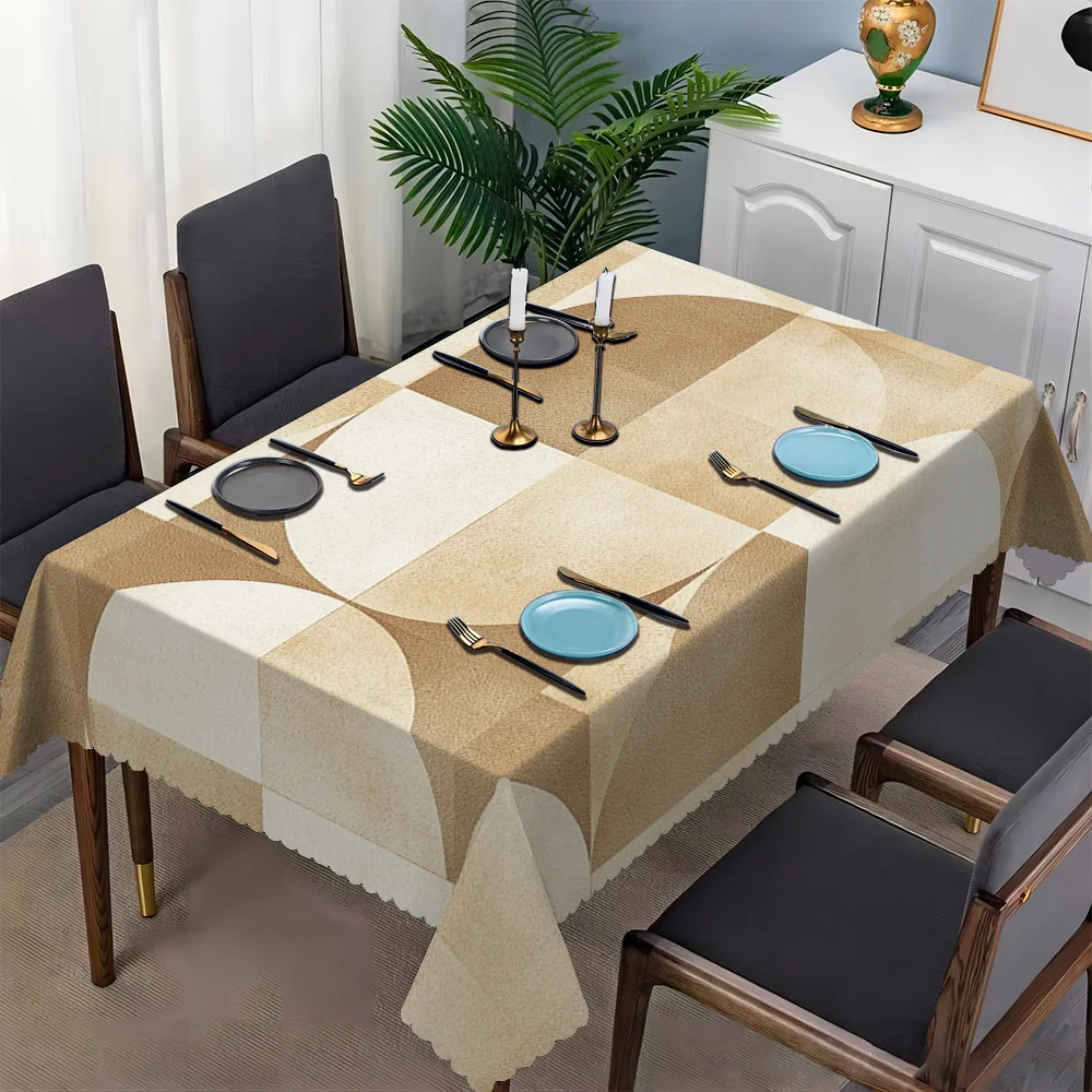 Nordic Earth Tone Circle Square Patchwork Table Cover Heat Oil Resistant Tablecloth For Family Kitchen Apartment Dining Decor