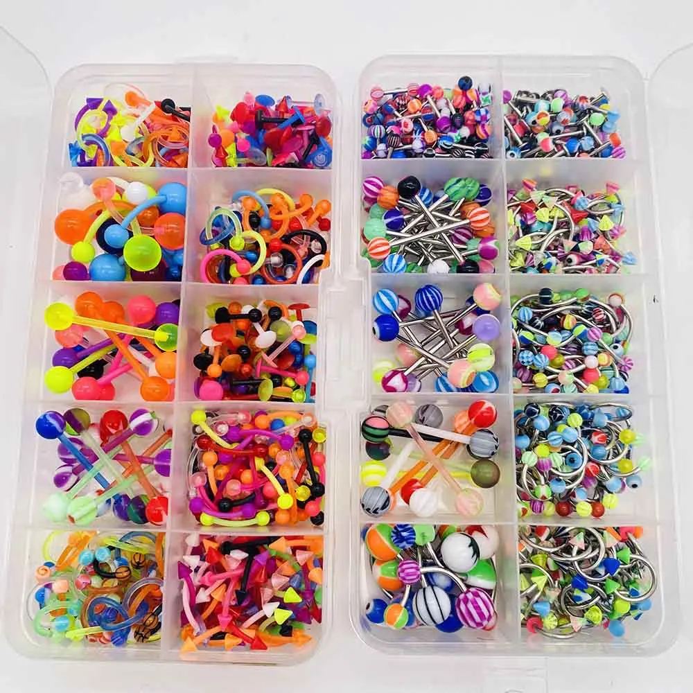 

100 Pcs/box Mixed Body Piercing Jewelry Stainless Steel Nose Ring Acrylic Tongue Piercing Ring Ear Nipple Piercing Ring
