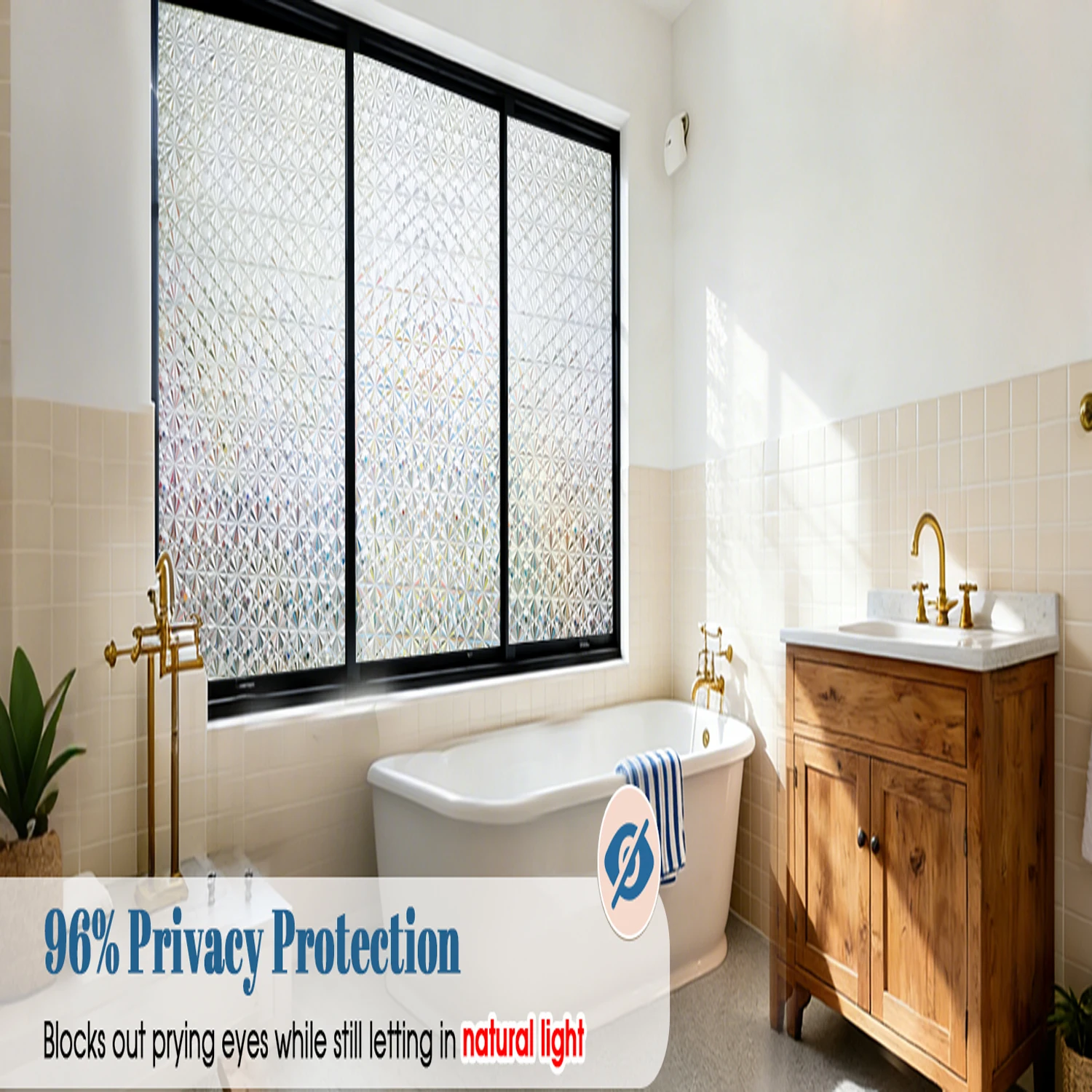 Diamond Frosted Glass Window Privacy Film, Static Cling No-Glue Removable Vinyl,Renter-Friendly Decorative Covering for Bedroom