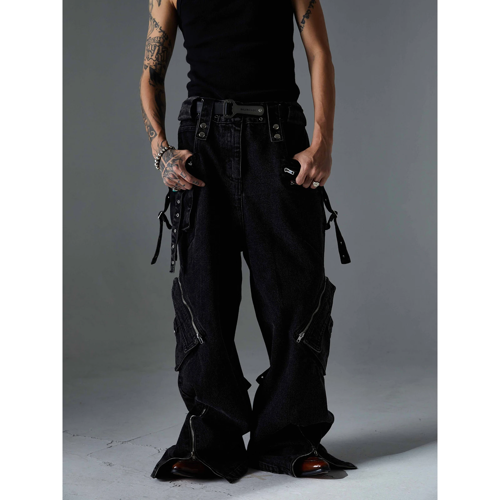 Hip Hop Men's Loose Jeans 2025 Multi Pocket Tactical Cargo Denim Pants Straight Trousers Gothic Punk Luxury Designer Jeans