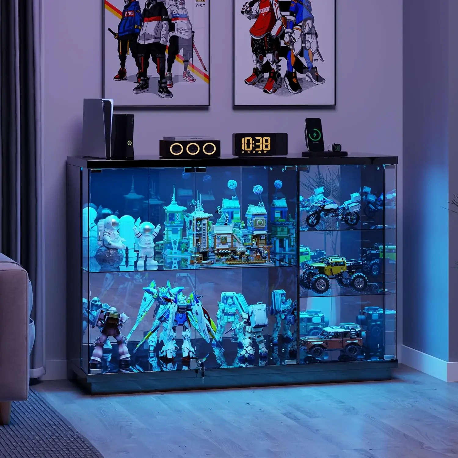 

Glass Display Curio Cabinet With Lock Door Led Lights Collectibles Tier Motion Sensor Living Room Black
