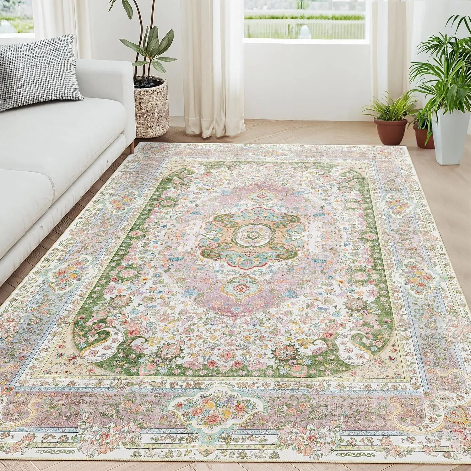 Vintage Pink Flower Decoration Elegant Carpet Mat Vintage Bohemian Style Carpet Decoration Home Living Room Decoration Rug