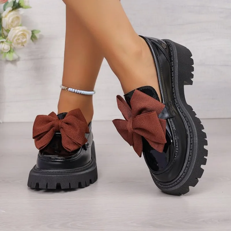 Women's Loafers Round Toe Flat Heel Glossy Finish with Platform Lug Sole and Large Bow for Casual Daily Wear and Outing Event