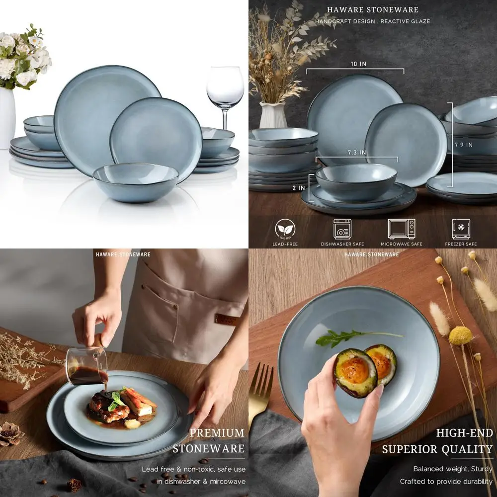 

dish set for 4, 12-piece stoneware dinnerware sets, round plates and bowls set, ceramic dishware for home restaurant, crack and