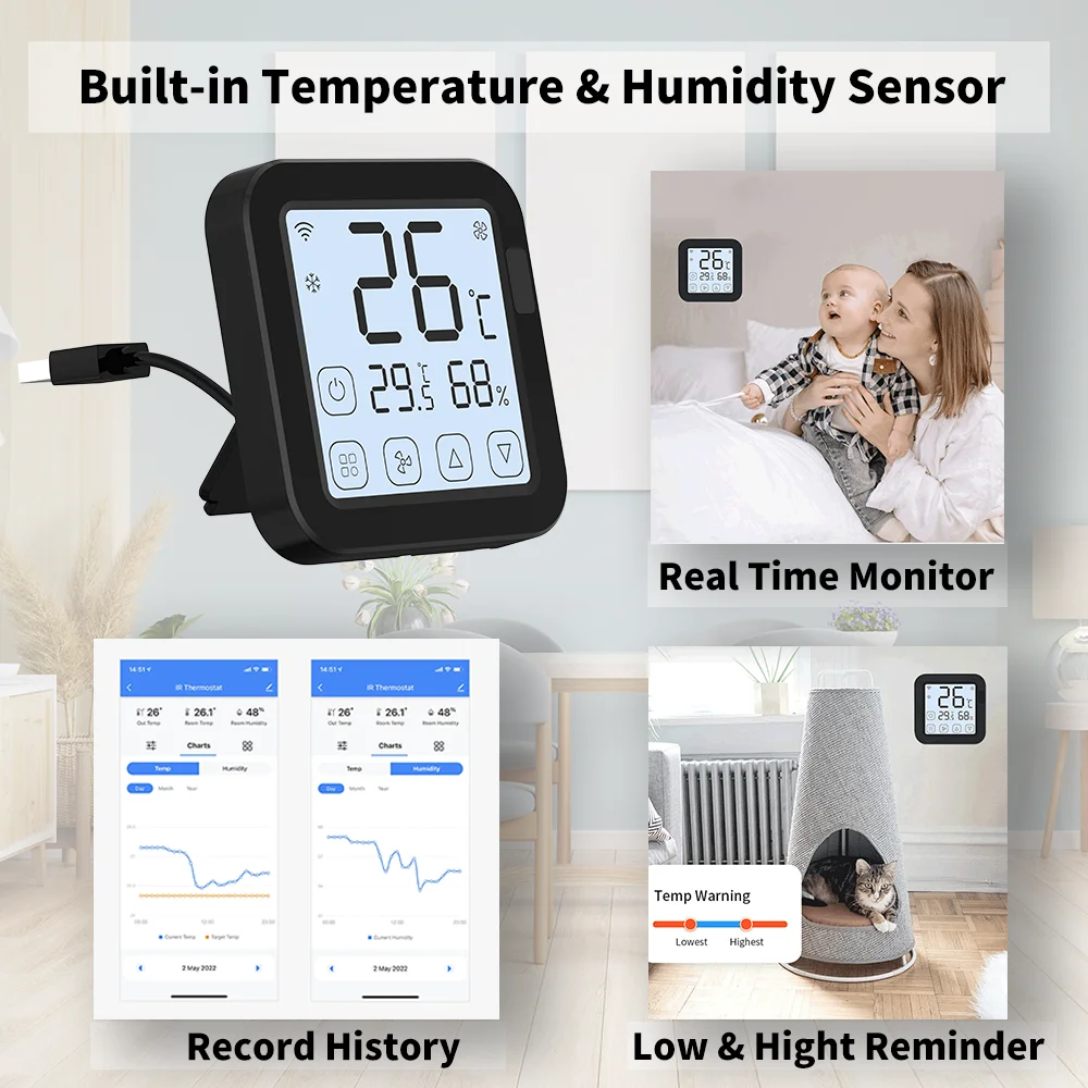 Tuya Smart Air Conditioner Thermostat مستشعر درجة الحرارة والرطوبة المدمج لجهاز التحكم عن بعد بالأشعة تحت الحمراء يدعم Alexa Google Home