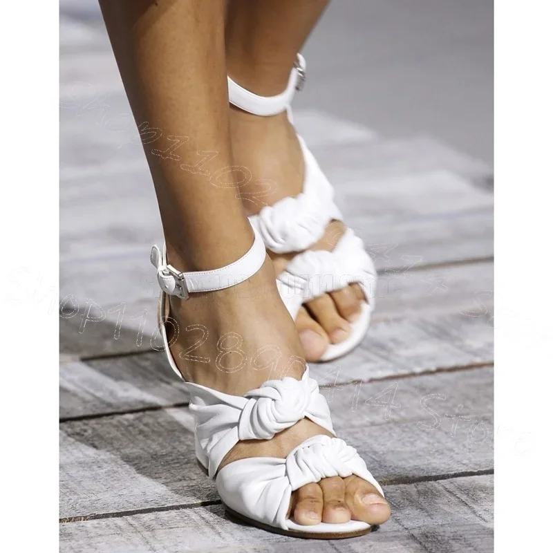 White Pleated Knot Design Open Toe Sandals Buckle Strap Women Shoes Chunky High Heels New Party Dating 2025 Zapatos Para Mujere