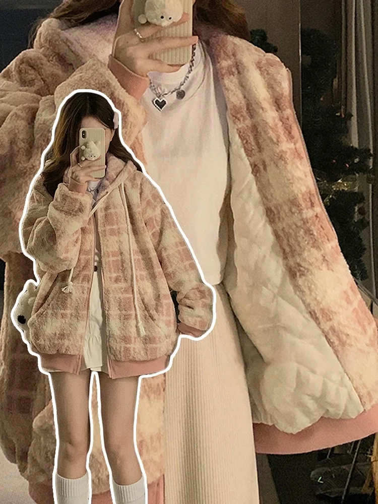 American Teenage Girls Sweet Campus Autumn Winter Plush Pink Checkered Casual Sporty Loose Comfortable Drawstring Hooded Coat