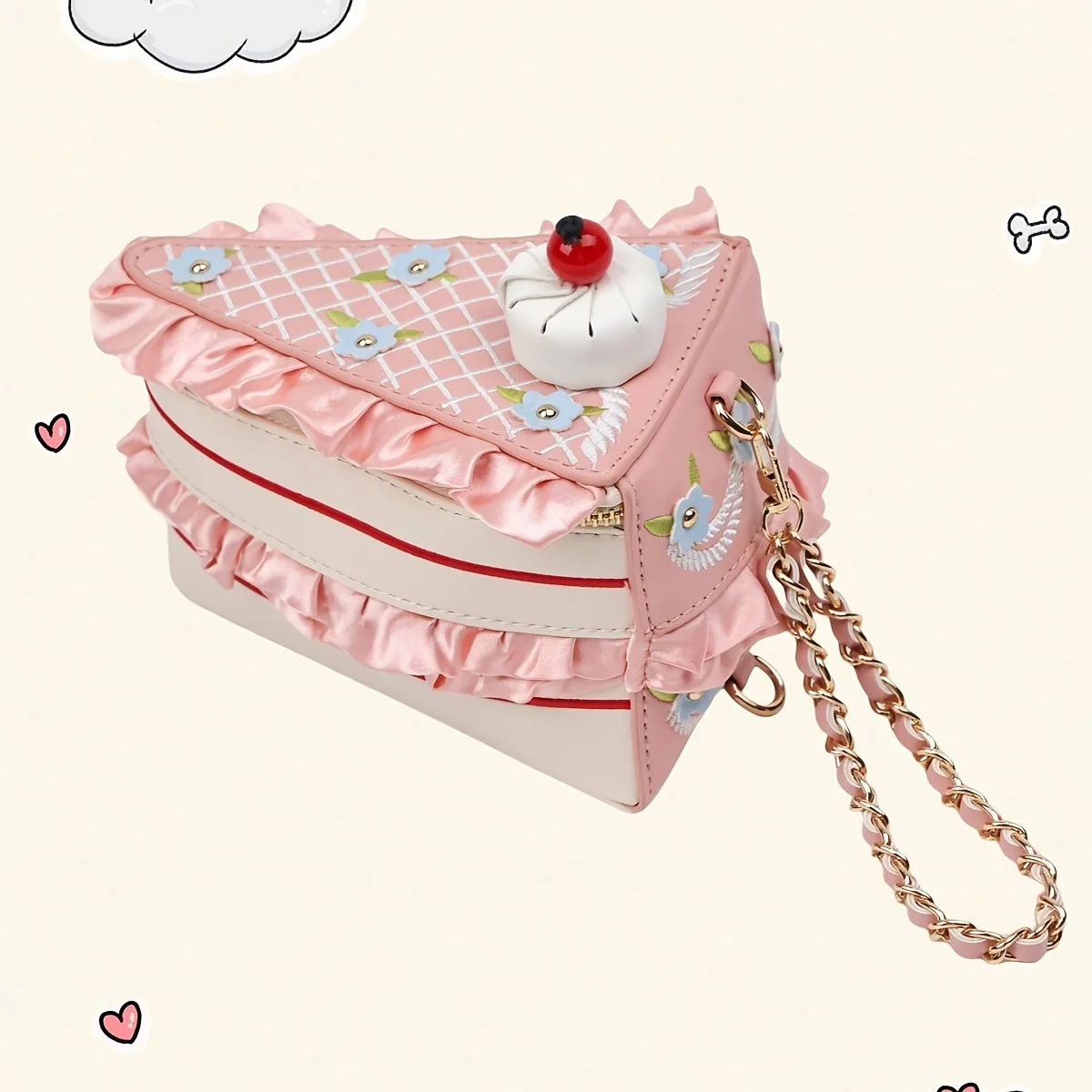 

Sweet Style Cherry Blossom Cake Shaped Embroidered Diagonal Backpack, Pink Synthetic Leather, Detachable Shoulder Strap, Zipper