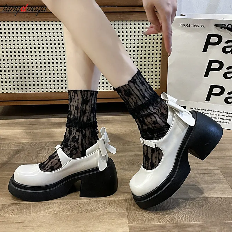 Sweet Bow Platform Lolita Shoes Women white black Med Heels Mary Janes Shoes Woman PU Leather Thick Bottom JK Uniform Shoes