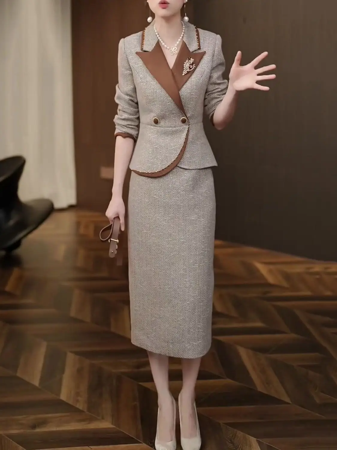 Autumn and winter new fashionable suit top+dress high-end elegant slim fit temperament goddess two-piece set