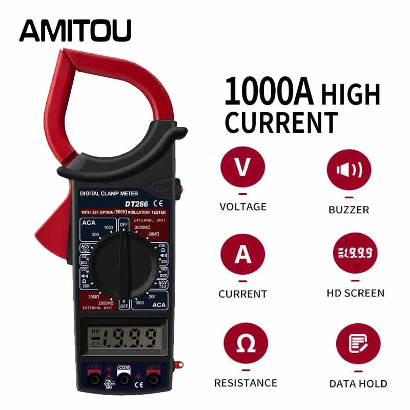 Profesjonalny miernik cęgowy AMITOU DT266 z wyświetlaczem LCD 1999, miernik cęgowy AC/napięcie prądu stałego, Tester, uchwyt cyfrowego miernika