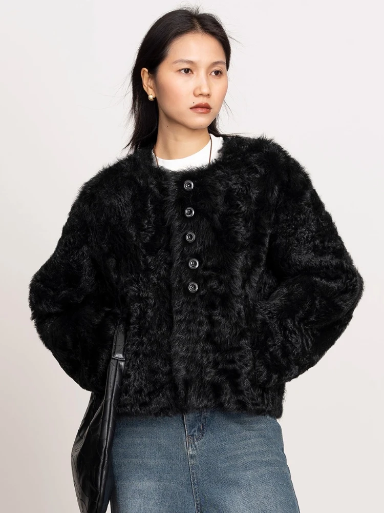 

High-end Luxury Toscana Lamb Fur Winter Plush Jackets for Women Simple Elegant O-neck Black Short Genuine Leather Real Fur Coat
