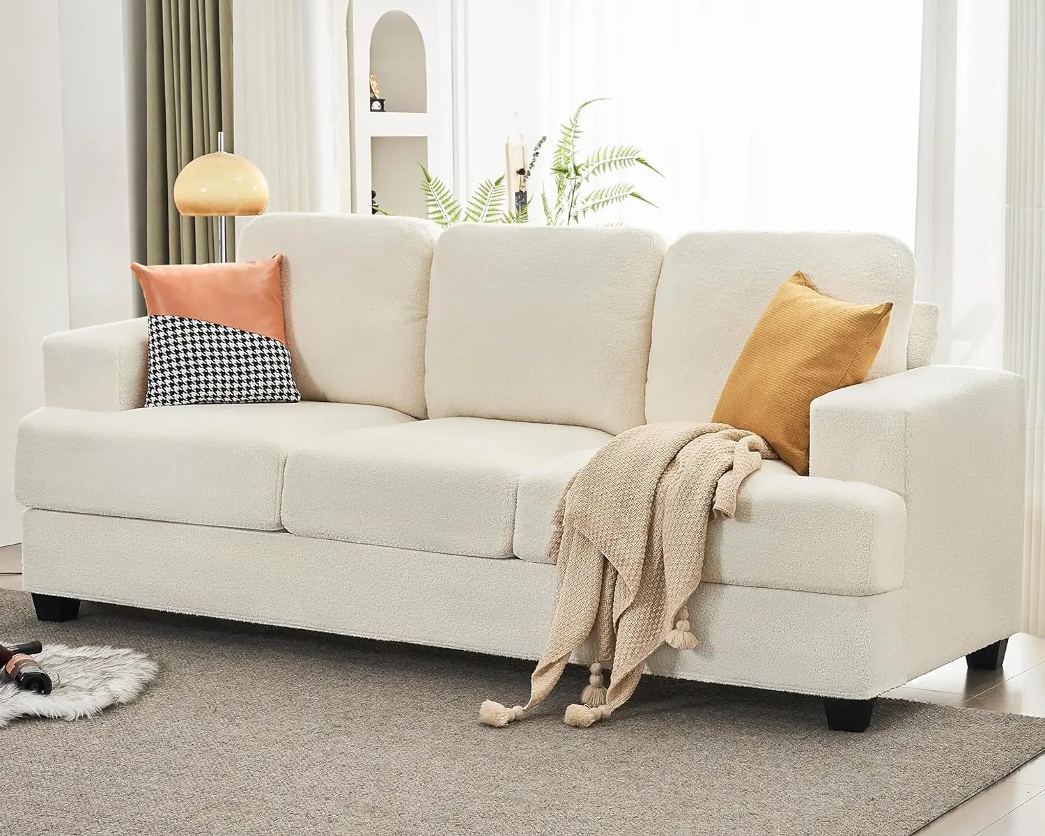 Comfy Sofa Couch with Extra Deep Seats, 3 Seater Sofa- Modern Sofa Couch, Couch for Living Room Apartment Lounge, Offwhite Boucl