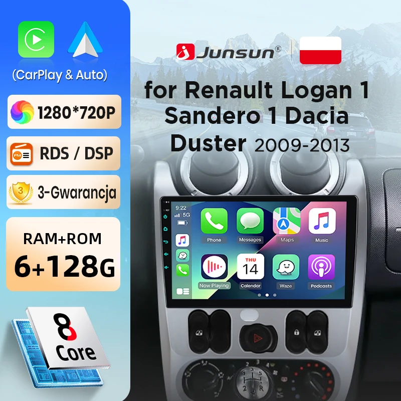 Radio de coche Junsun con CarPlay inalámbrico y Android Auto para Renault Logan 1, Sandero 1, Dacia Duster 2009-2013, sistemas inteligentes DSP SWC
