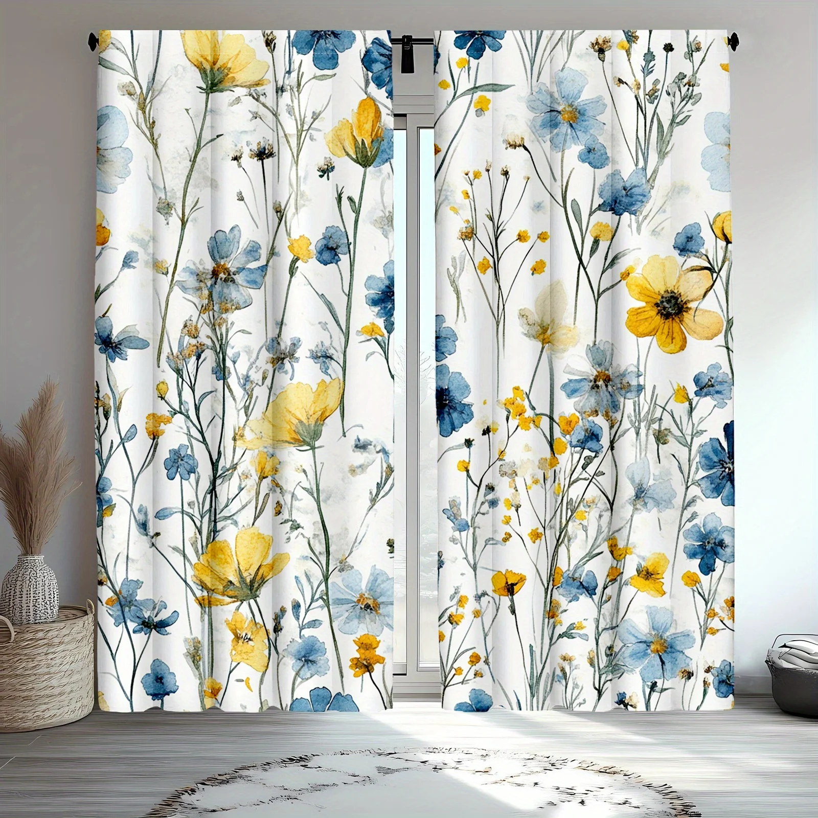 2pc Watercolor yellow and blue floral pattern curtains, polyester fabric, machine washable, suitable for bedroom/living room