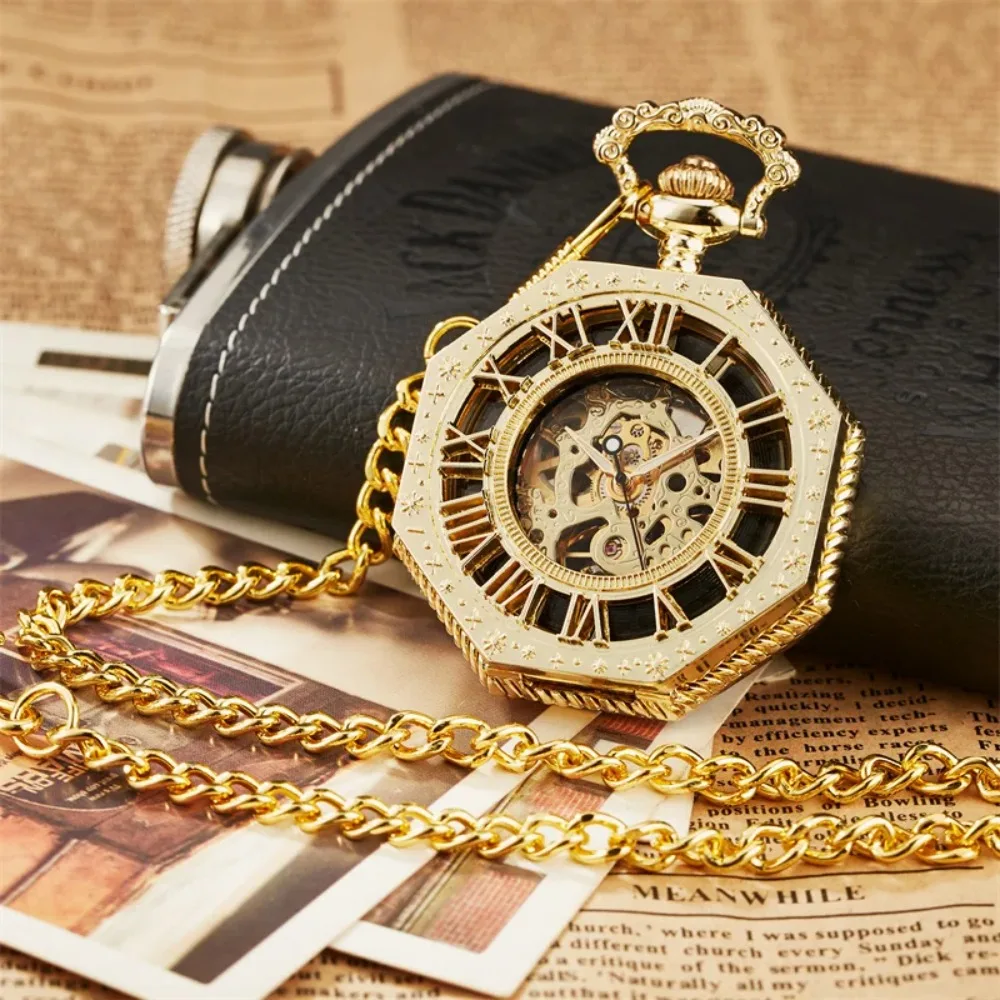 Ramadan Classic Hexagonal Mechanical Pocket Watch FOB Chain Steampunk Roman Dial Skeleton Gold Hollow Steel Men's Pocket Watch