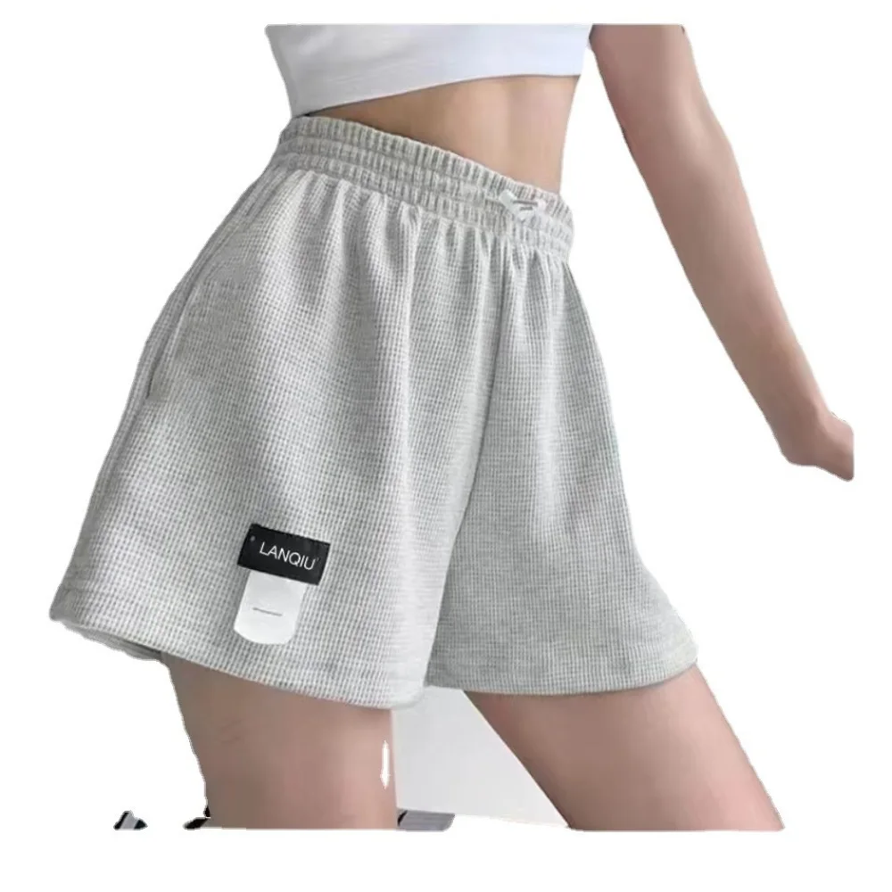 Womens High Waist Waffle Shorts Loose Fit Wide Leg Elastic Waistband Breathable Summer Casual Lounge Active Wear Home Pants