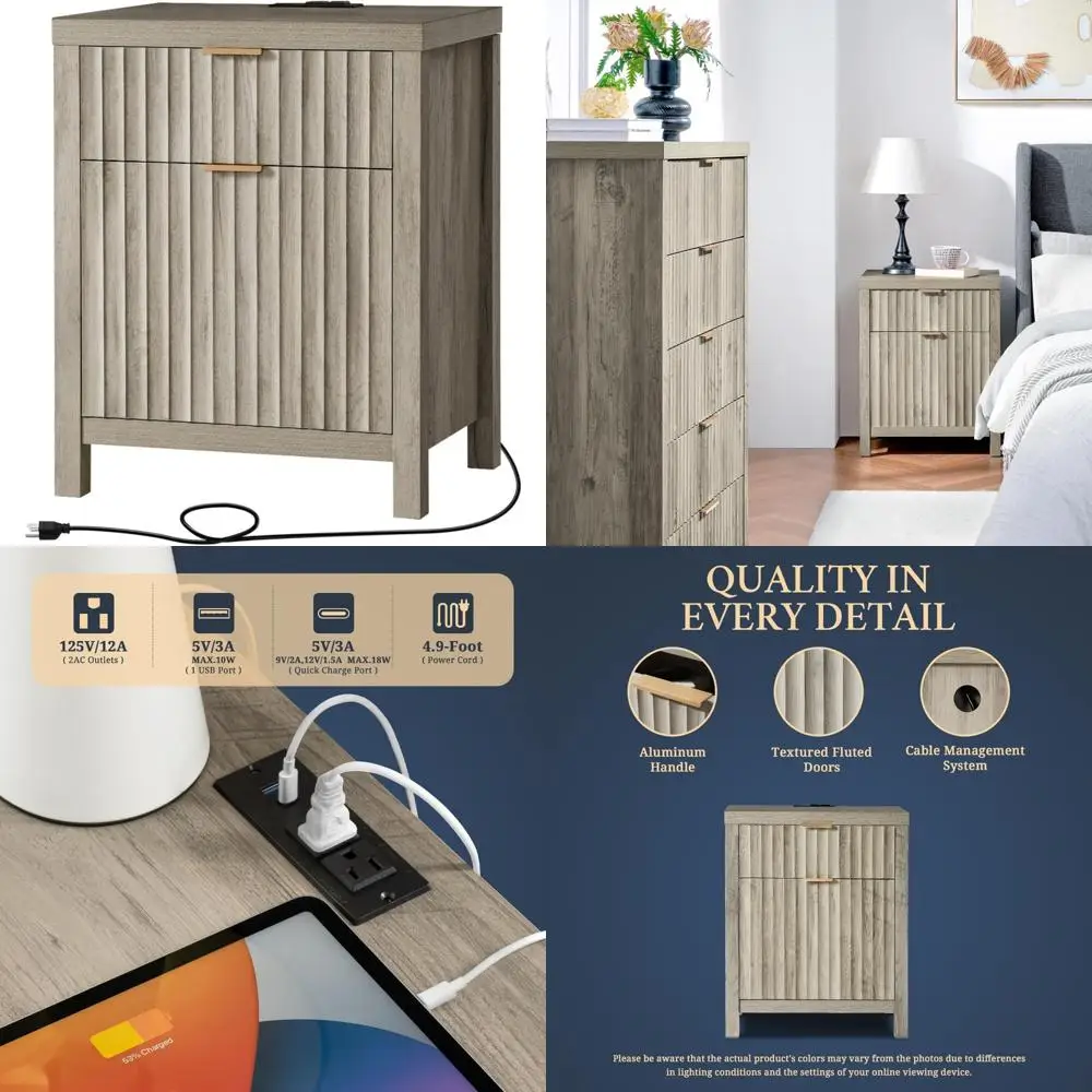 منضدة محطة شحن بتصميم لوحة مخددة، طاولة نهاية ذات درجين لتخزين جانبية للأريكة على طراز المزرعة #1