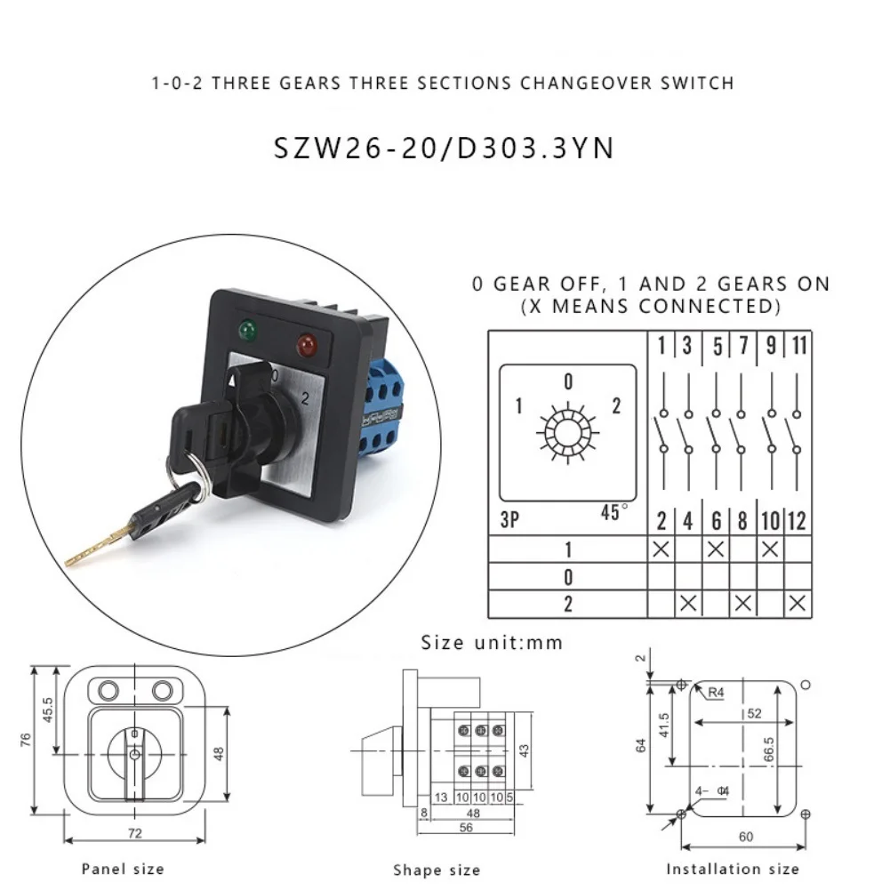 Industrial Cam Rotary Switch SZW26 20/D303.3YN 3 Position Changeover with Light and Lock 20A 240V 440V Working Voltage